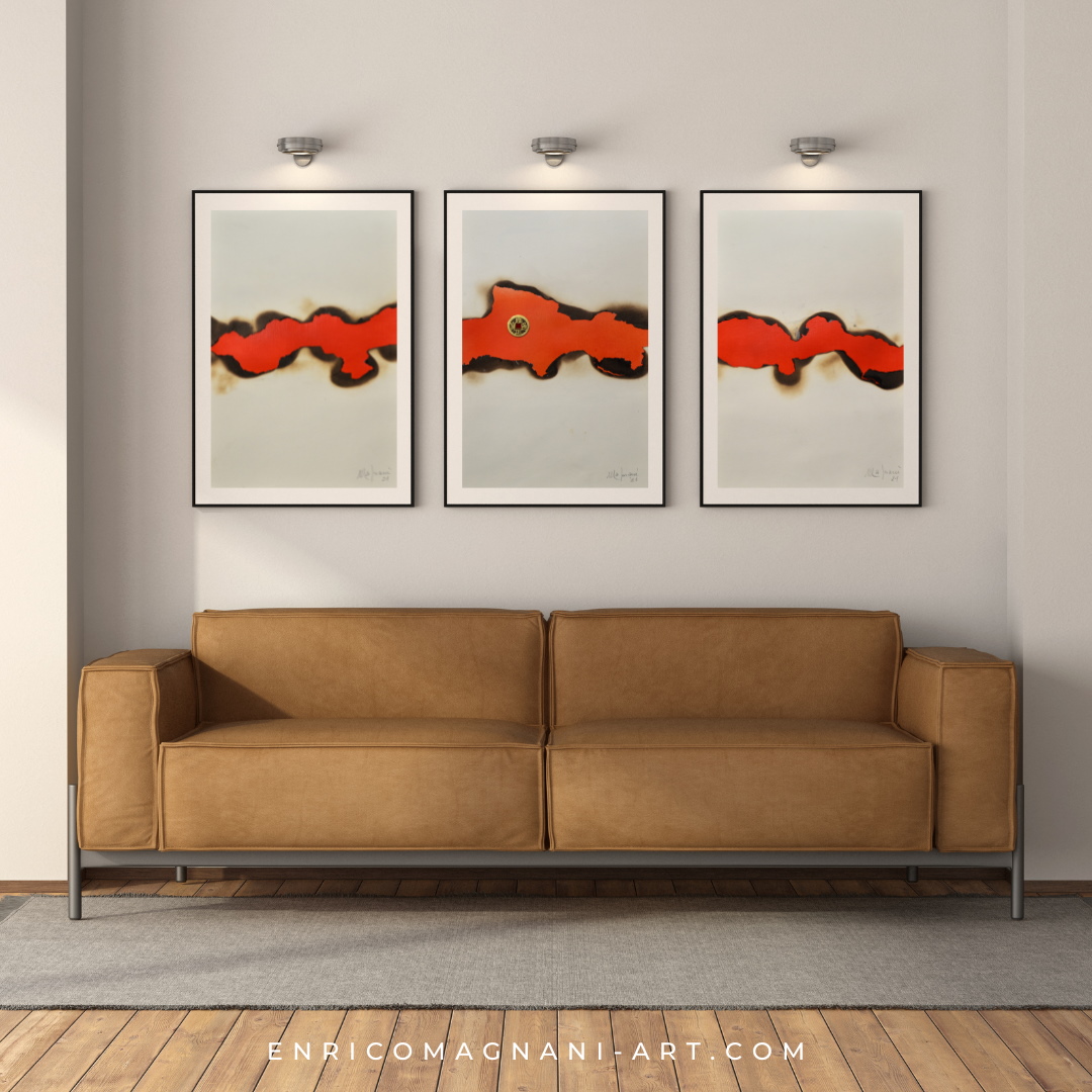 Opera astratta di Enrico Magnani esposta in un loft moderno, serie 'Art and Space'. Integrazione tra le opere l'arredamento elegante