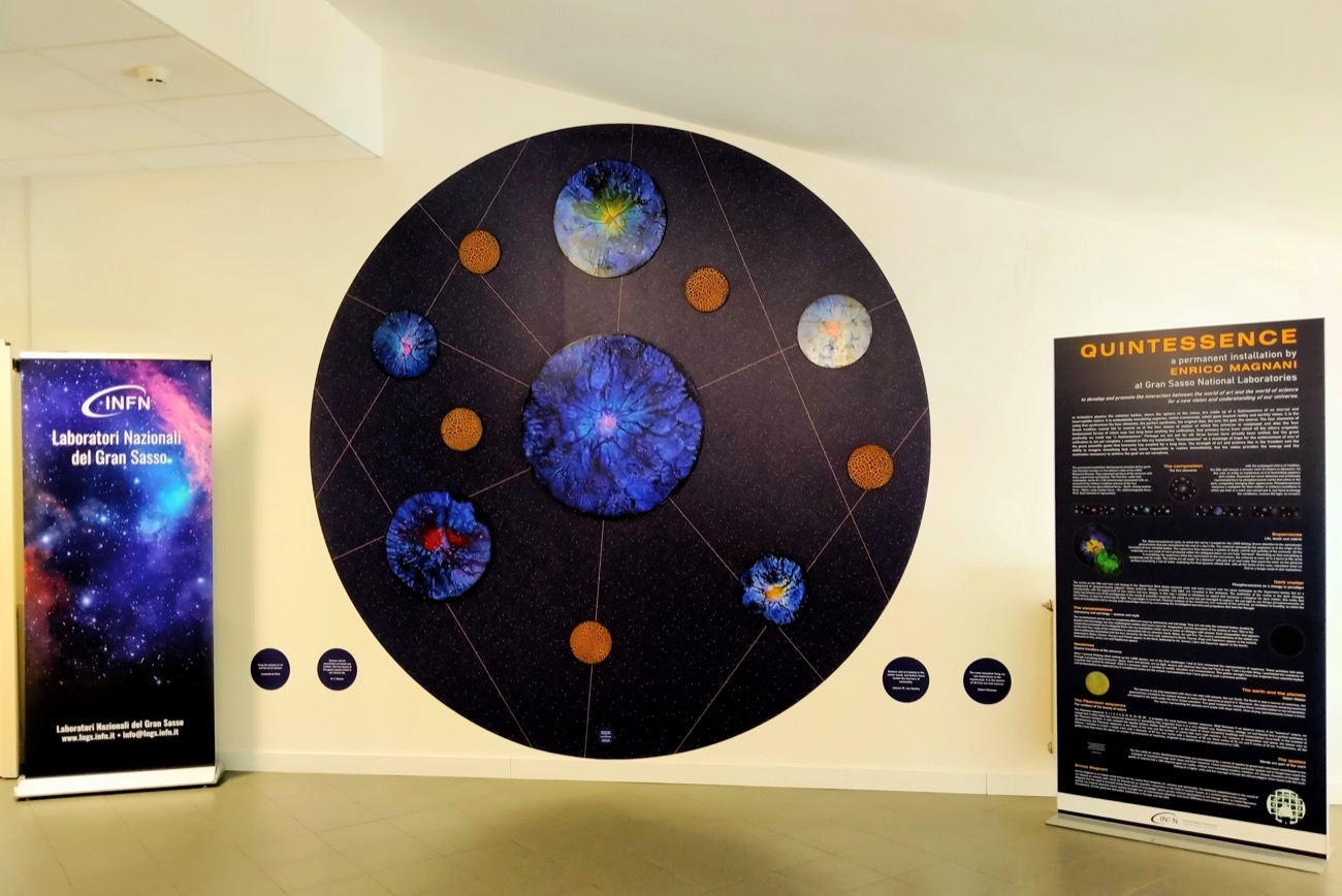 Quintessence, wall no. 5 of the permanent installation at the Gran Sasso National Laboratories: a large blue circle surrounded by smaller round works on a violet wall