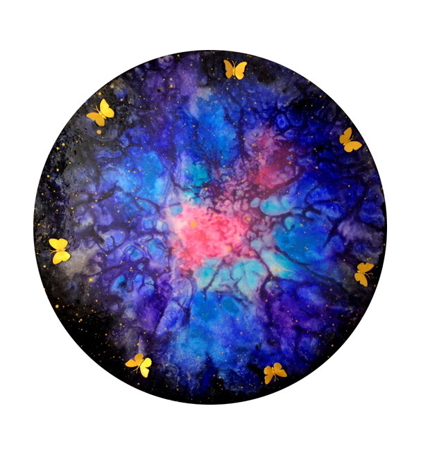 Supernova Dark Energy Butterfly No. 1: round painting in blue and pink with golden butterflies