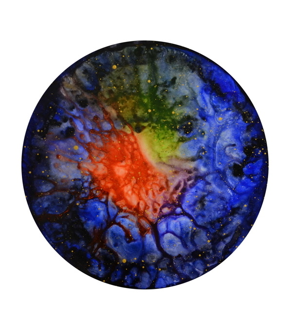 Supernova Dark Energy No. 2: round painting in blue with a red and green centre