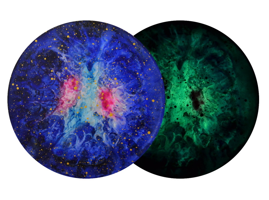 Supernova Dark Matter R1-19 seen with light and in the dark, where the phosphorescent pigment glows green