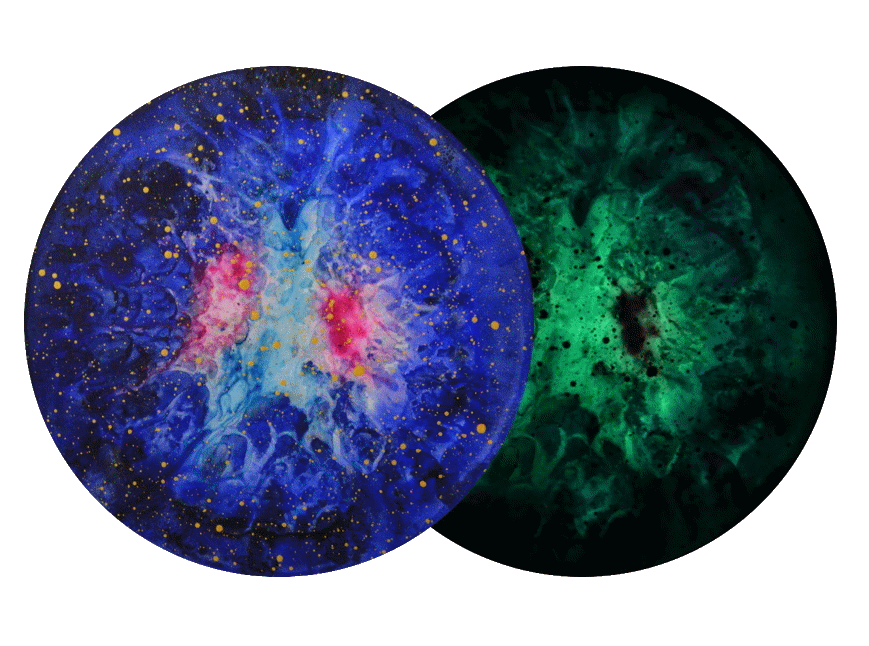Supernova Dark Matter R1-19 seen with light and in the dark, where the phosphorescent pigment glows green