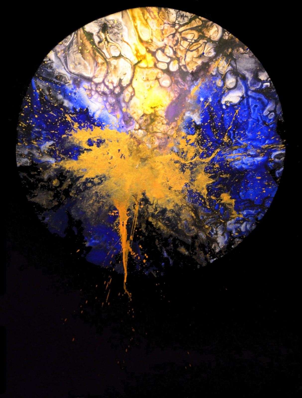 Supernova No. 1, 2017: golden explosion on blue and white, on black